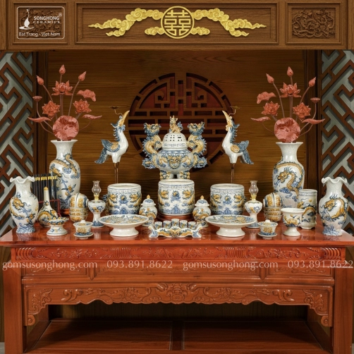 Bộ Đồ Thờ Ngũ Sự Men Rạn Đắp Nổi - Ban Thờ 2m17