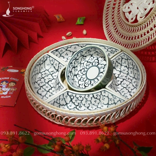 Bộ Khay Đựng Mứt Tết Vẽ Hoa Bèo Xanh Đồng - Mẫu 03