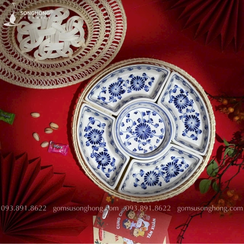 Bộ Khay Vẽ Hoa Cúc Dây Cổ Truyền Đựng Bánh Kẹo - Mẫu 12