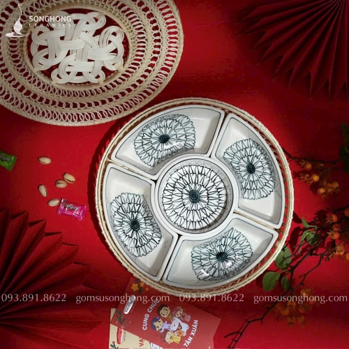 Bộ Khay Bánh Chay Vẽ Hoa Bồ Công Anh Thủ Công Bát Tràng - Mẫu 13