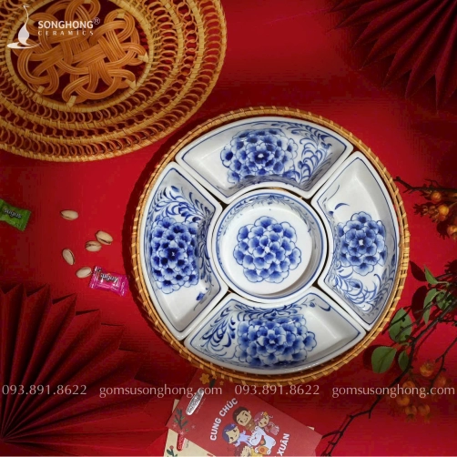 Bộ Khay Đựng Bánh Trôi Vẽ Hoa Phù Dung Xanh Cao Cấp - Mẫu 14