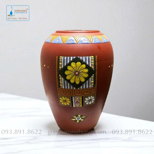 Bình Hoa Gốm Đất Đỏ Khắc Màu Nổi - Mẫu 6