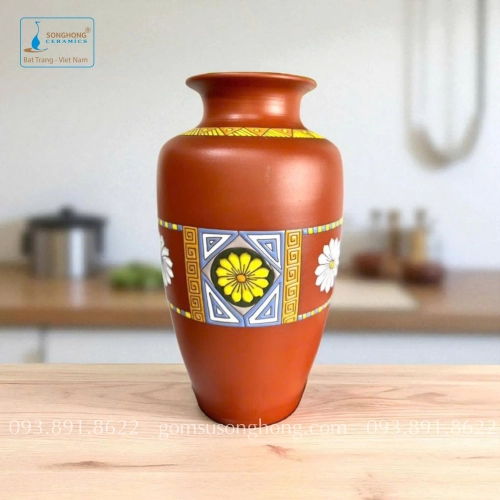 Bình Hoa Gốm Đất Đỏ Khắc Màu Nổi - Mẫu 10