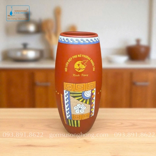 Bình Hoa Gốm Đất Đỏ Khắc Màu Nổi - Mẫu 11
