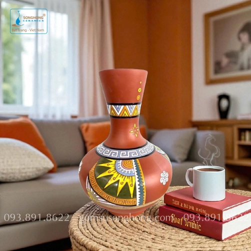 Bình Hoa Gốm Đất Đỏ Khắc Màu Nổi - Mẫu 13