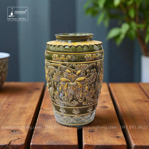 Bình Hoa Gốm Hoa Phù Dung Khắc Tay Men Hoàng Thổ - Mẫu 5