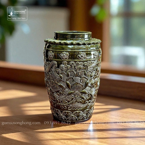 Bình Gốm Phù Dung Hoa Khắc Tay Men Hoàng Thổ Xanh Lục - Mẫu 9