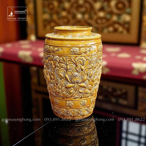 Bình Gốm Men Hoàng Thổ Khắc Tay Hoa Phù Dung - Mẫu 10