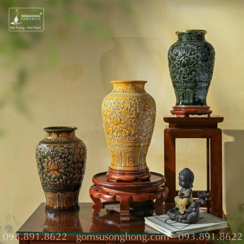 Bình Gốm Men Hoàng Thổ Khắc Tay - Mẫu 11