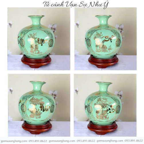 Bình Hút Lộc Vạn Sự Như Ý Xanh Ngọc Bích Vẽ Vàng Kim - Mẫu 2