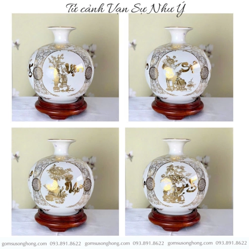 Bình Hút Lộc Sứ Trắng Vẽ Vàng Kim Vạn Sự Như Ý - Mẫu 3