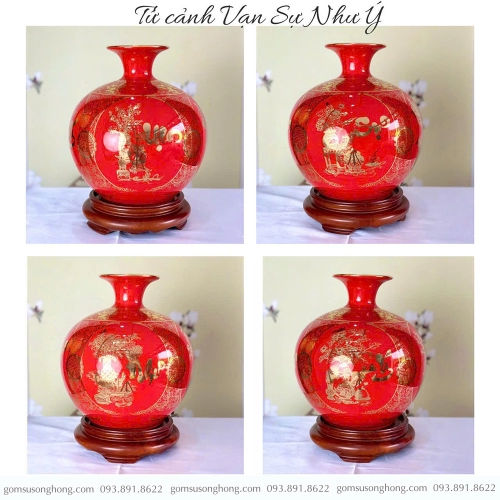 Bình Gốm Hút Tài Lộc Vạn Sự Như Ý Màu Đỏ Vẽ Vàng Kim - Mẫu 4