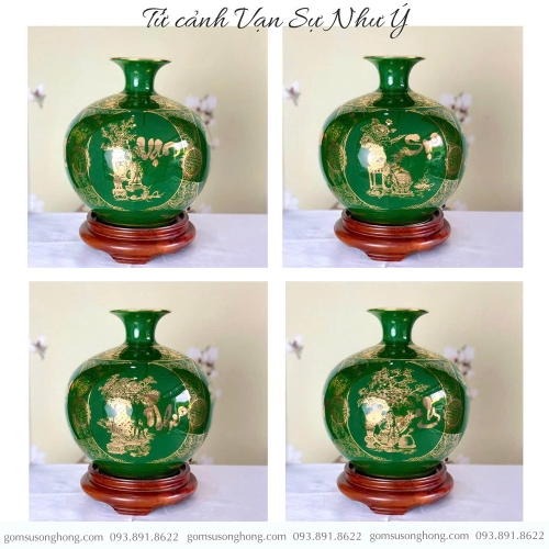 Bình Gốm Hút Lộc Vạn Sự Như Ý Màu Xanh Vẽ Vàng Kim - Mẫu 7