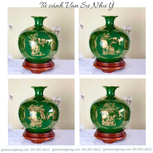 Bình Gốm Hút Lộc Vạn Sự Như Ý Màu Xanh Vẽ Vàng Kim - Mẫu 7