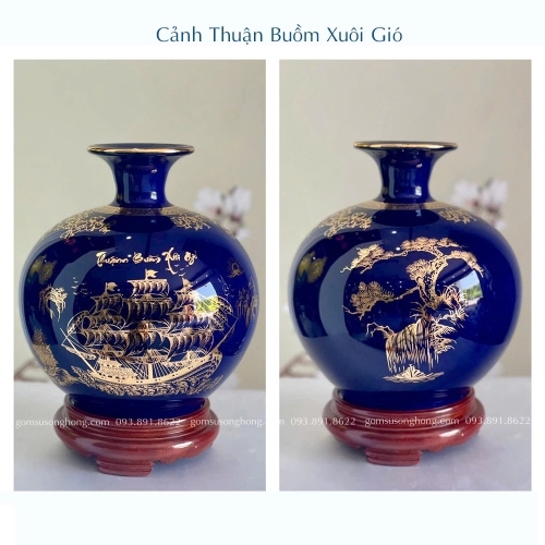 Bình Gốm Hút Lộc Thuận Buồm Xuôi Gió Màu Xanh Cửu Long Vẽ Vàng Kim - Mẫu 8