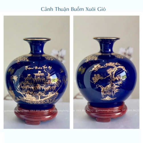 Bình Gốm Hút Lộc Thuận Buồm Xuôi Gió Màu Xanh Cửu Long Vẽ Vàng Kim - Mẫu 8