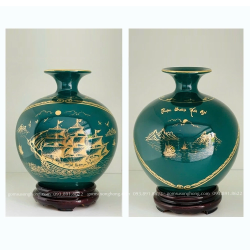 Bình Gốm Hút Lộc Xanh Lục Ngọc Bảo Thuận Buồm Xuôi Gió Vẽ Vàng Kim - Mẫu 12