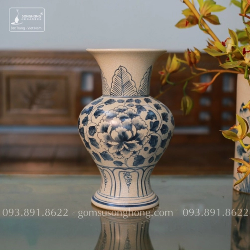 Bình Hoa Gốm Men Rạn Giả Cổ Vẽ Tay Hoa Mẫu Đơn - Mẫu 2