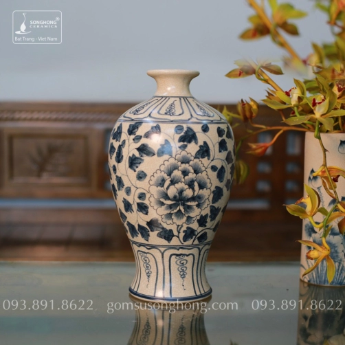 Bình Hoa Gốm Men Rạn Giả Cổ Vẽ Tay Hoa Mẫu Đơn - Mẫu 3