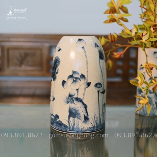Bình Hoa Gốm Men Rạn Giả Cổ Vẽ Tay Hoa Sen - Mẫu 4