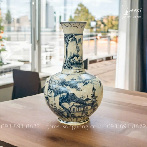 Bình Tỏi Gốm Men Rạn Giả Cổ Vẽ Tay Cây Tùng Bát Tràng - Mẫu 5