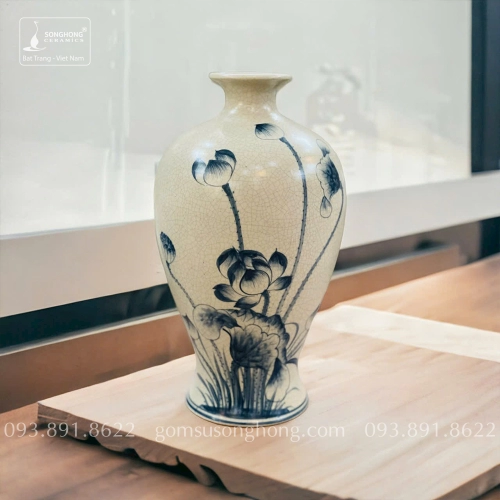 Bình Hoa Gốm Men Rạn Giả Cổ Vẽ Tay Hoa Sen - Mẫu 7