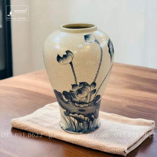 Bình Hoa Gốm Men Rạn Giả Cổ Vẽ Tay Hoa Sen - Mẫu 8