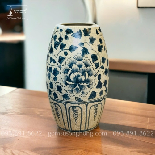 Bình Hoa Gốm Men Rạn Giả Cổ Vẽ Tay Hoa Phù Dung - Mẫu 12