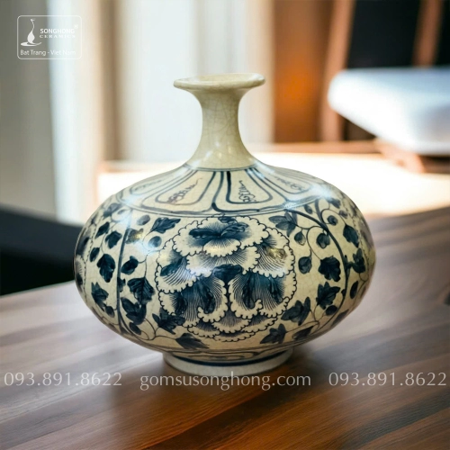 Bình Hoa Gốm Men Rạn Giả Cổ Vẽ Tay Hoa Phù Dung - Mẫu 13