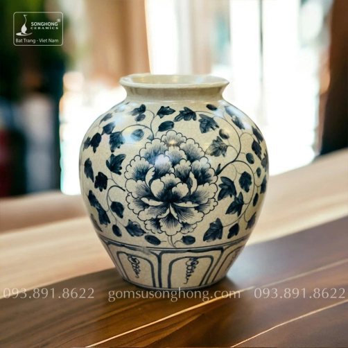 Bình Hoa Gốm Men Rạn Giả Cổ Vẽ Tay Hoa Mẫu Đơn - Mẫu 14