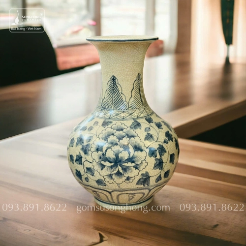 Bình Tỏi Gốm Men Rạn Giả Cổ Vẽ Tay Hoa Mẫu Đơn - Mẫu 15