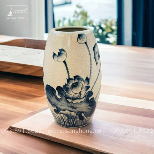Bình Hoa Gốm Men Rạn Giả Cổ Vẽ Tay Hoa Sen - Mẫu 17