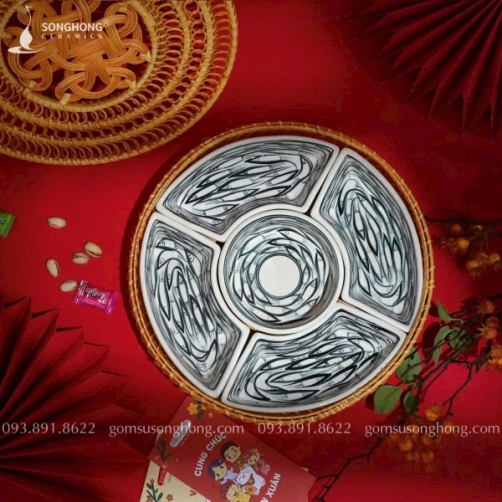 Bộ Khay Gốm Đựng Bánh Trôi Vẽ Cá Đàn - Mẫu 06