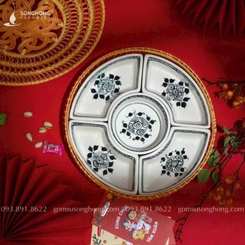 Bộ Khay Đựng Bánh Kẹo Mứt Tết Vẽ Hoa Móc - Mẫu 02