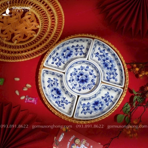 Bộ Khay Đựng Bánh Kẹo Mứt Tết Vẽ Hoa Mẫu Đơn Xanh - Mẫu 01