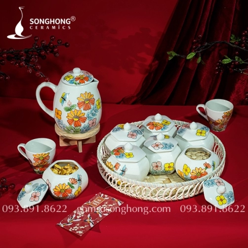 Bộ 7 Hũ Mứt Lục Giác Vẽ Tay M11 - Kèm Khay Mây