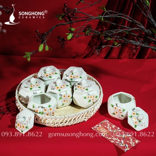 Bộ 7 Hũ Mứt Lục Giác Vẽ Tay M05 - Kèm Khay Mây