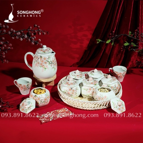 Bộ 7 Hũ Mứt Lục Giác Vẽ Tay M04 - Kèm Khay Mây