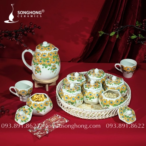 Bộ 7 Hũ Mứt Lục Giác Vẽ Tay M01 - Kèm Khay Mây