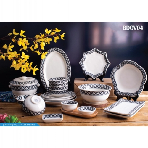 Bát Đĩa Vẽ Tay Viền Lá - BD0V04