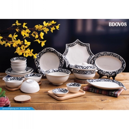 Bát Đĩa Vẽ Tay Viền Cánh Đào - BD0V08