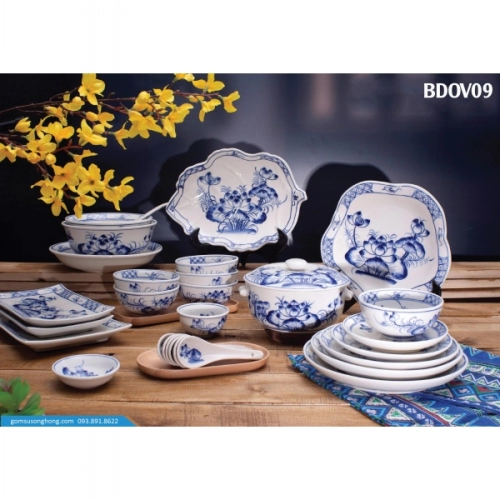 Bát Đĩa Vẽ Tay Hoa Sen Xanh - BD0V09