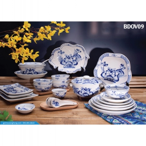 Bát Đĩa Vẽ Tay Hoa Sen Xanh - BD0V09