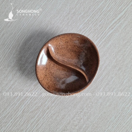 Sauce Dish / Đĩa Sốt Oval 2 Ngăn Gốm Men Nâu Cát
