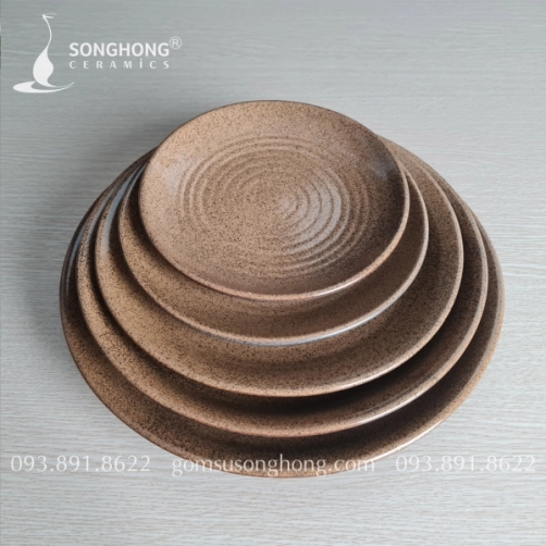 Đĩa Gốm Tròn Men Nâu Cát