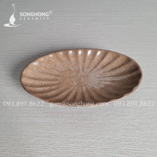 Đĩa Oval Gốm Men Nâu Cát