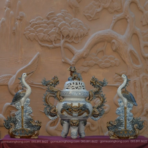 Bộ Đỉnh Hạc Lư Hương Men Rạn Đắp Nổi