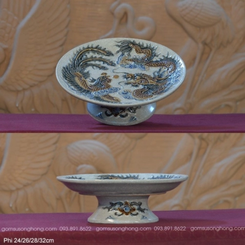 Mâm Bồng Men Rạn Đắp Nổi Rồng Phượng