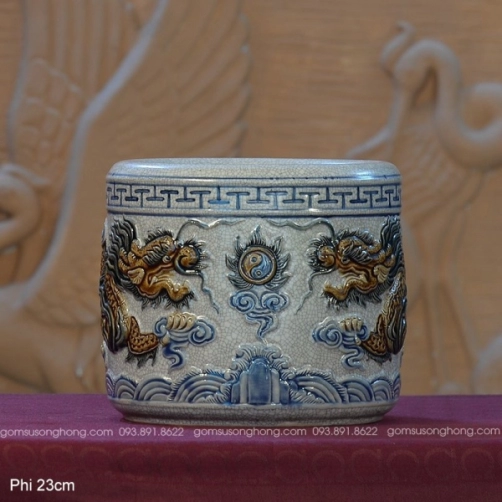 Bát Hương Men Rạn 23cm Đắp Nổi Song Long Chầu Nguyệt