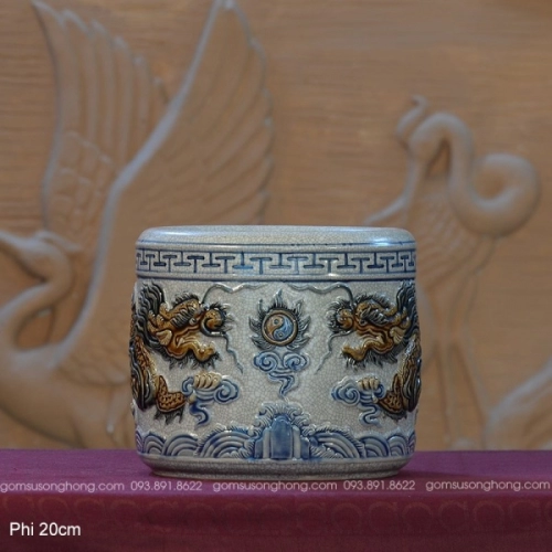 Bát Hương Men Rạn 20cm Đắp Nổi Song Long Chầu Nguyệt